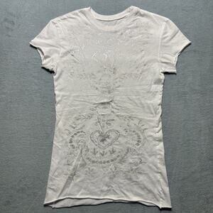 Y2K GAP Affliction Style Shirt Womens XS Floral Angel Wings Metallic VTG Raw Hem